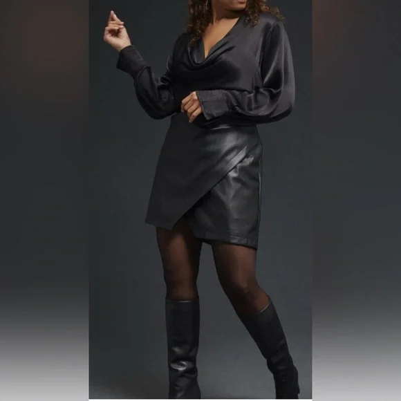 Maeve Anthropologie Black Satin and Vegan Leather Mini Dress. Cowl neck. Size 16 - Picture 4 of 16